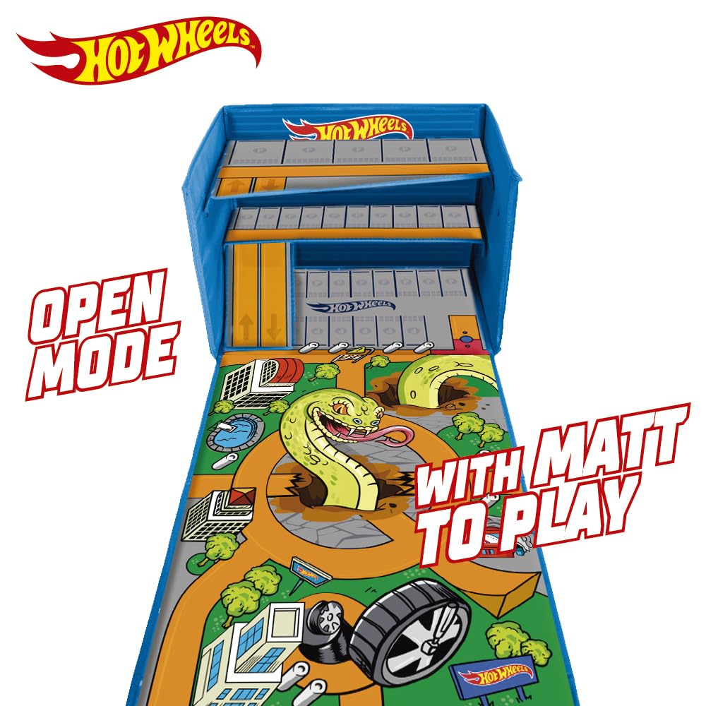 Hot Wheels 3-in-1 garage box playmat for toy car storage, featuring collapsible design and speed roads for playtime fun.