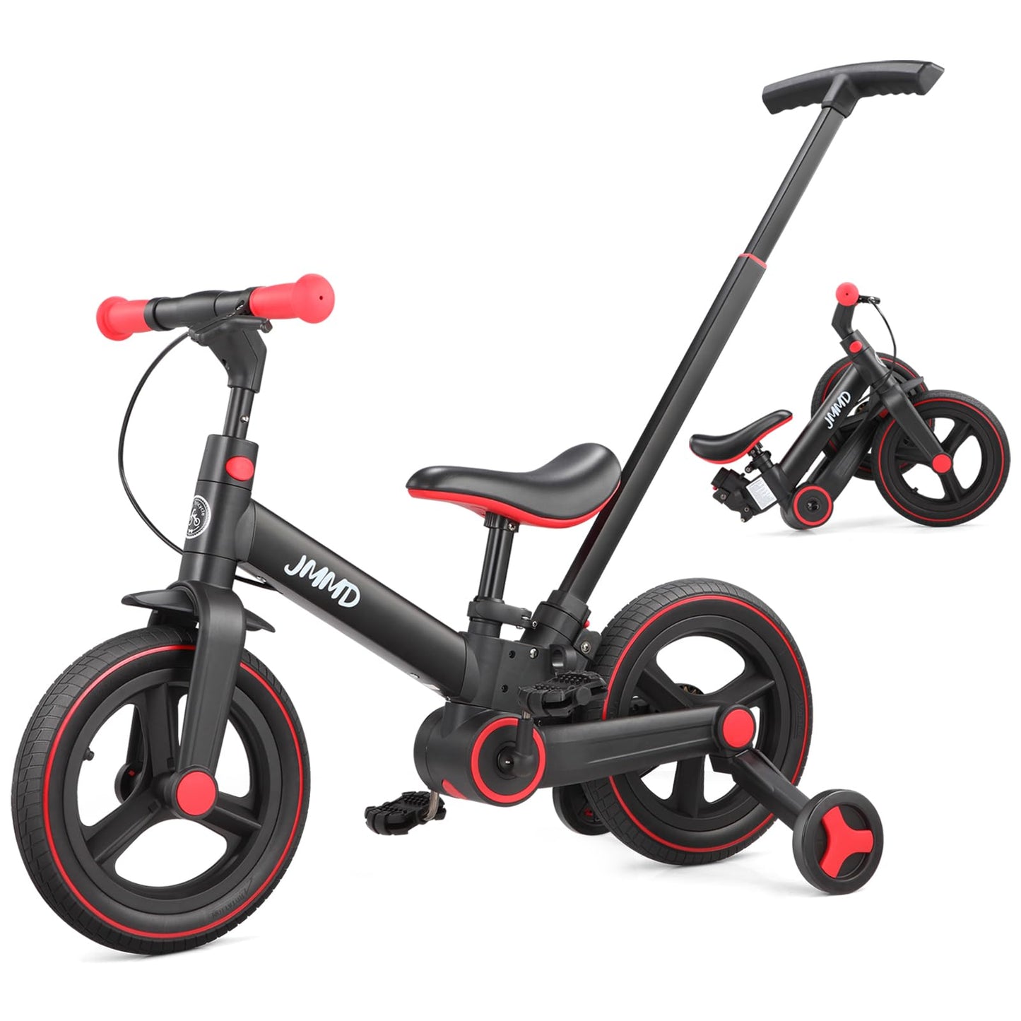 JMMD 6-in-1 toddler bike with training wheels, pedals, adjustable parent handle, and kickstand for ages 18 months to 5 years.