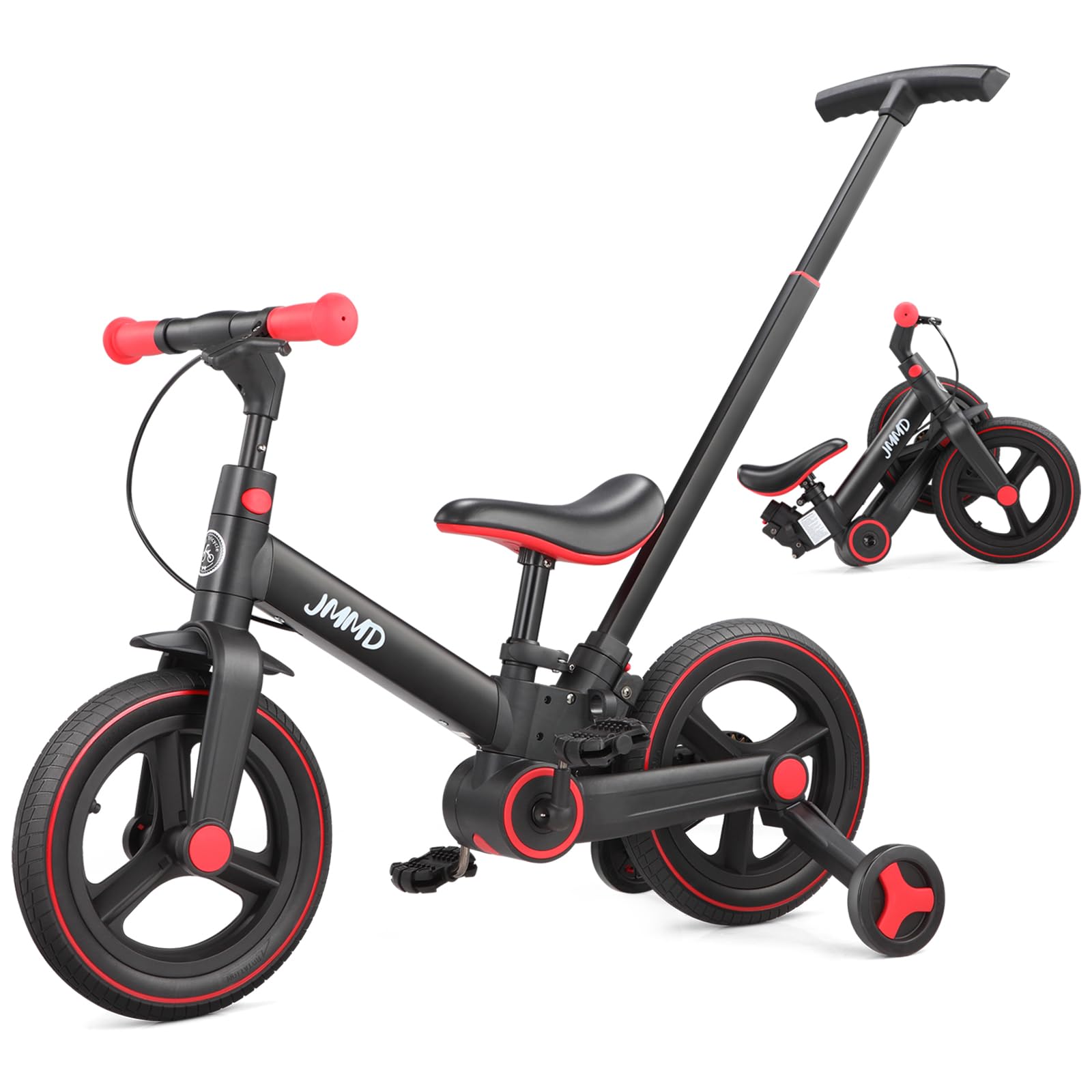 JMMD 6-in-1 toddler bike with training wheels, pedals, adjustable parent handle, and kickstand for ages 18 months to 5 years.