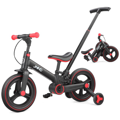 JMMD 6-in-1 toddler bike with training wheels, pedals, adjustable parent handle, and kickstand for ages 18 months to 5 years.