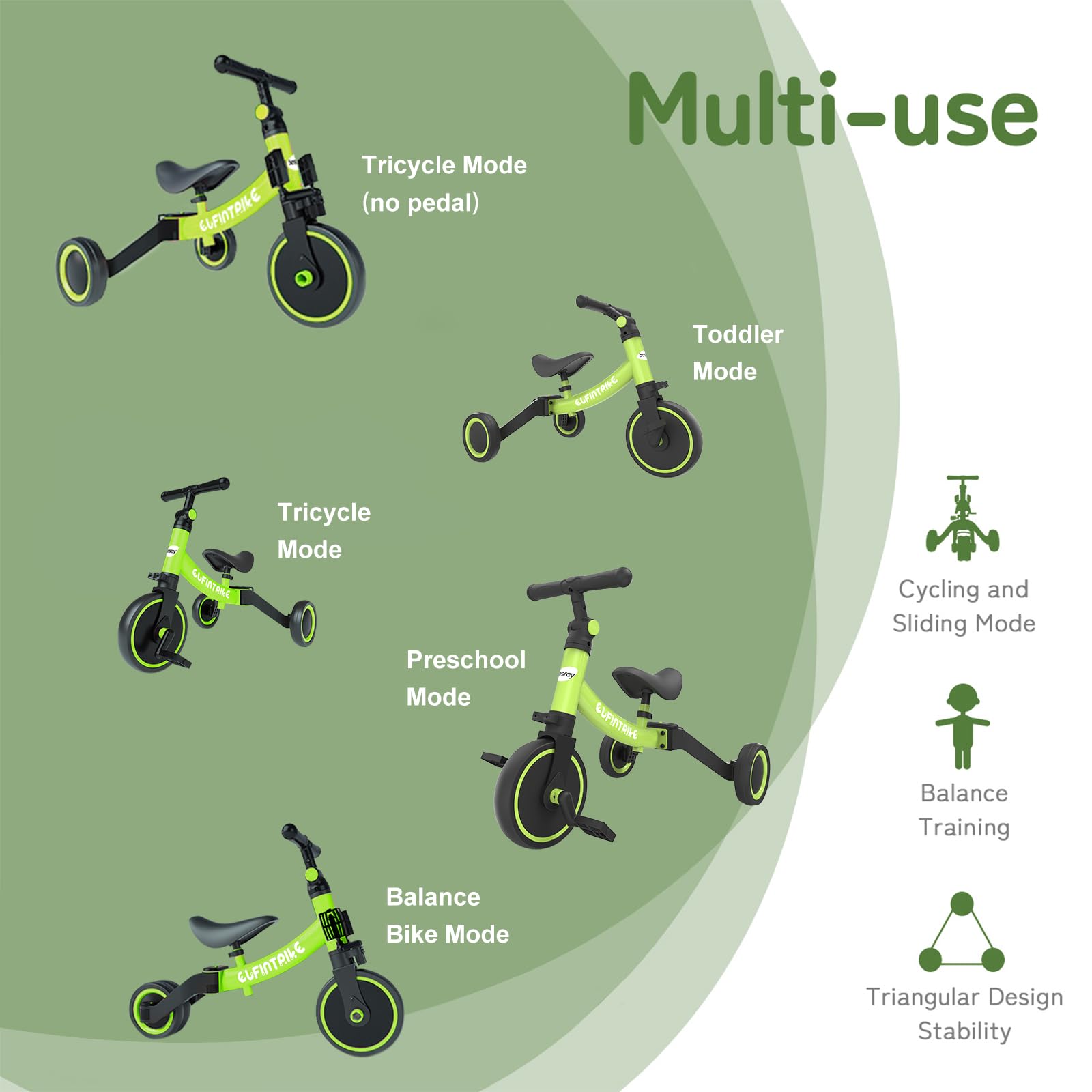Besrey 5-in-1 toddler bike in green with removable pedals, balanced training, suitable for kids 10 months to 4 years old.