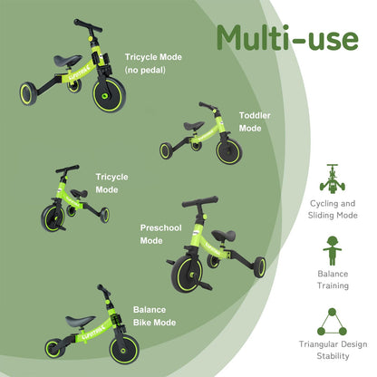 Besrey 5-in-1 toddler bike in green with removable pedals, balanced training, suitable for kids 10 months to 4 years old.