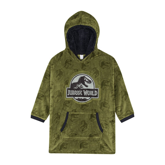 Jurassic World Boys Hoodie, Oversized Fleece Blanket Kids Hoodie Lounge Gown, One Size Fits All Ages 6 to 13 Years Old Khaki