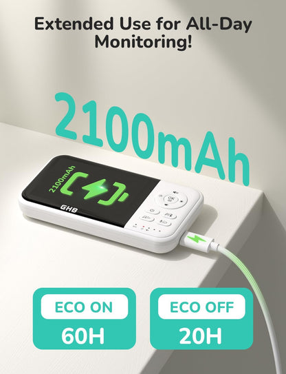 GHB baby monitor with camera, night vision, 3.2-inch screen, 2-way audio, temperature sensor, zoom, lullabies, feeding reminder, ECO mode