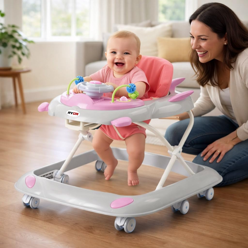 RYDR 101 baby walker with wheels, pink foldable adjustable height toddler play centre with interactive lights and sounds for ages 6-12 months