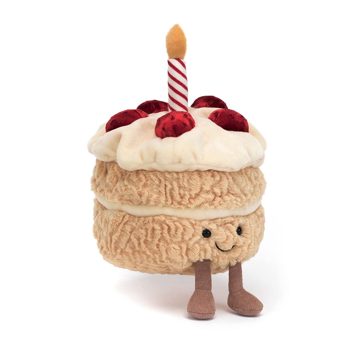 Jellycat Amuseable Birthday Cake plush decoration with colorful icing and a smiling face, perfect for celebrations.