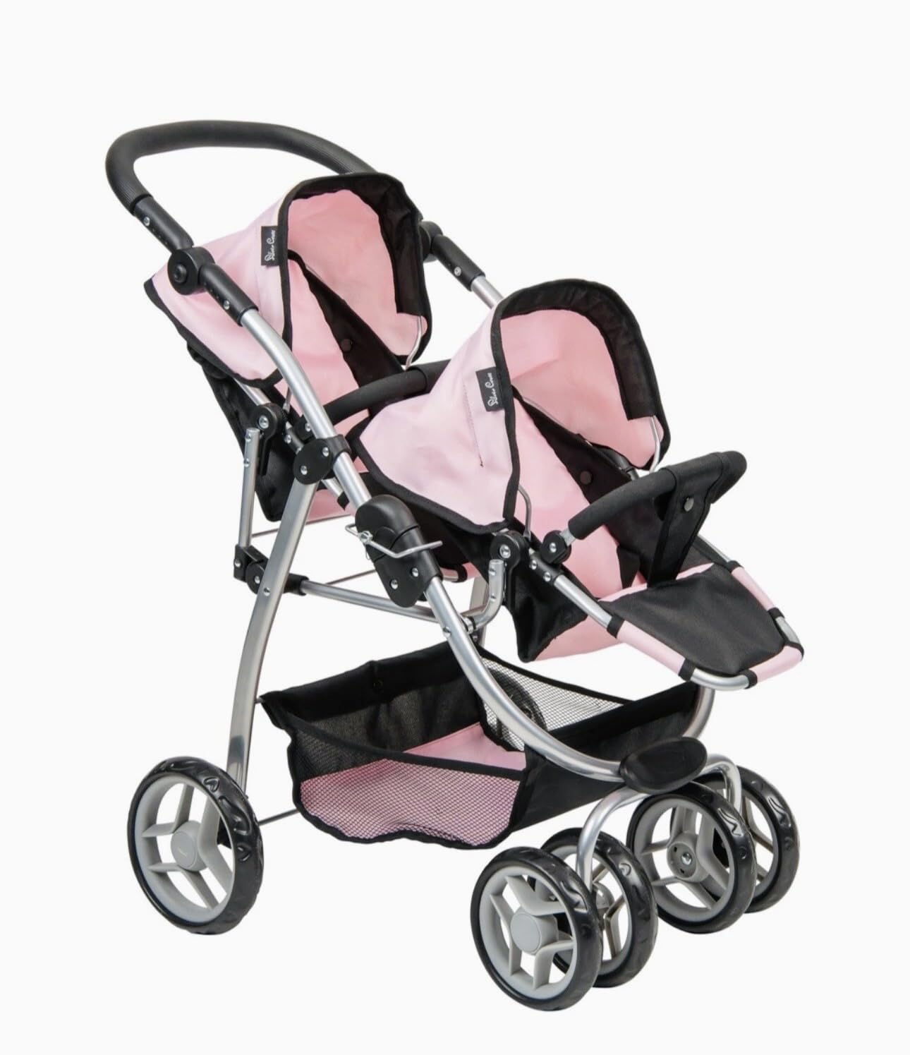 Silver Cross Twin Wave Dolls Stroller, Pink and Black Double Pushchair with Silver Frame, Age 3+, 67L x 46W x 73H cm