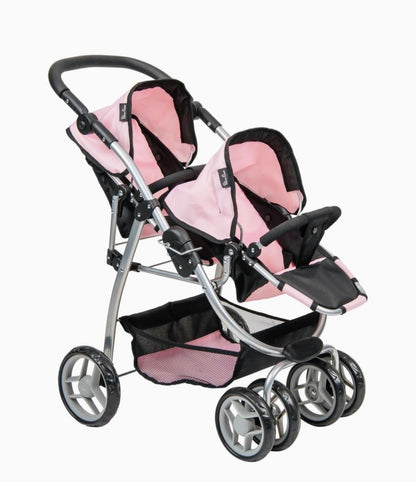 Silver Cross Twin Wave Dolls Stroller, Pink and Black Double Pushchair with Silver Frame, Age 3+, 67L x 46W x 73H cm