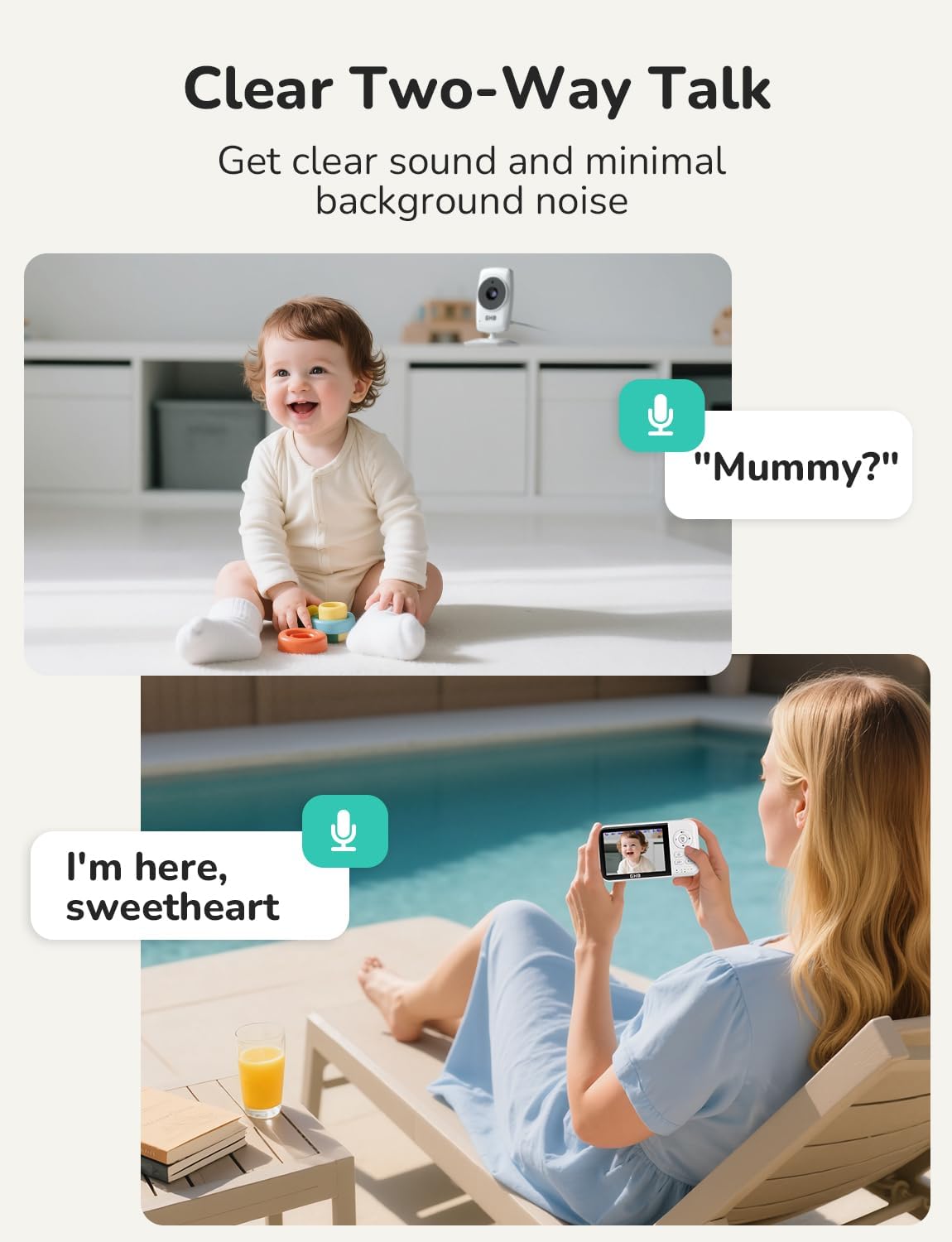 GHB baby monitor with camera, night vision, 3.2-inch screen, 2-way audio, temperature sensor, zoom, lullabies, feeding reminder, ECO mode
