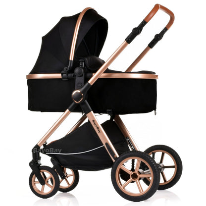 Baby Pram Pushchair Buggy Stroller 3 in 1 with Car Seat Child Lightweight Folding Stroller 3 in 1 Travel System Pram for Newborns Toddlers from Birth New 2026 Style FREEBIES (BBC - Black Gold, BBC)