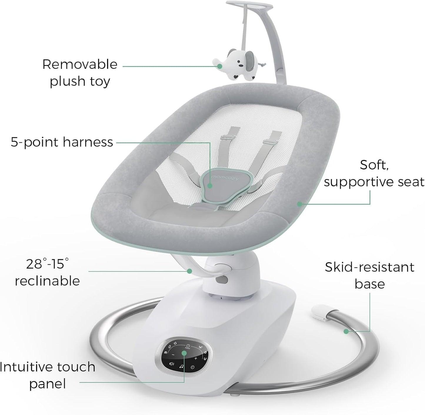 Momcozy CocoSway baby swing for infants and toddlers showing the electric 3D-motion swing with remote control and plush seat.