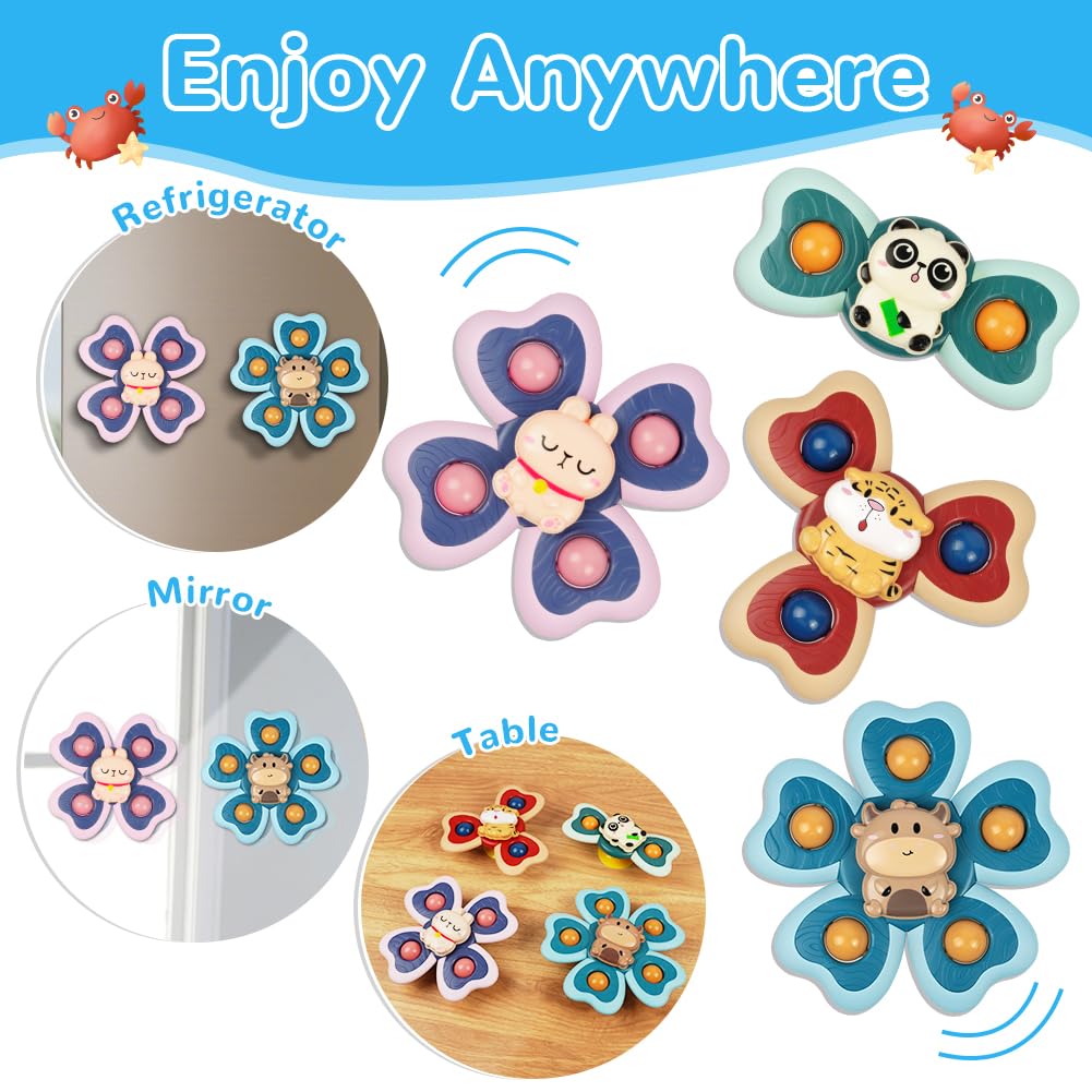 Vicloon Suction Cup Spinner Toys, 4PCS Baby Bath Spinners, Sensory Toys for Babies 18 Months Up (animals)