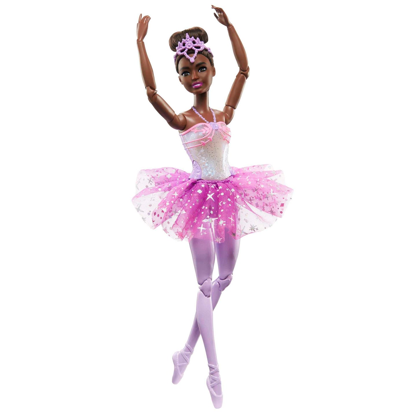 Barbie Dreamtopia Twinkle Lights Ballerina Doll with brunette hair, light-up feature, purple tutu, and removable headband.