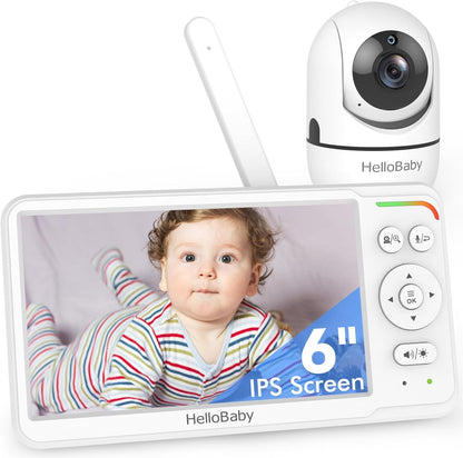 HelloBaby baby monitor with 6" split-screen display, camera with night vision, remote pan/tilt/zoom, and portable screen for travel.