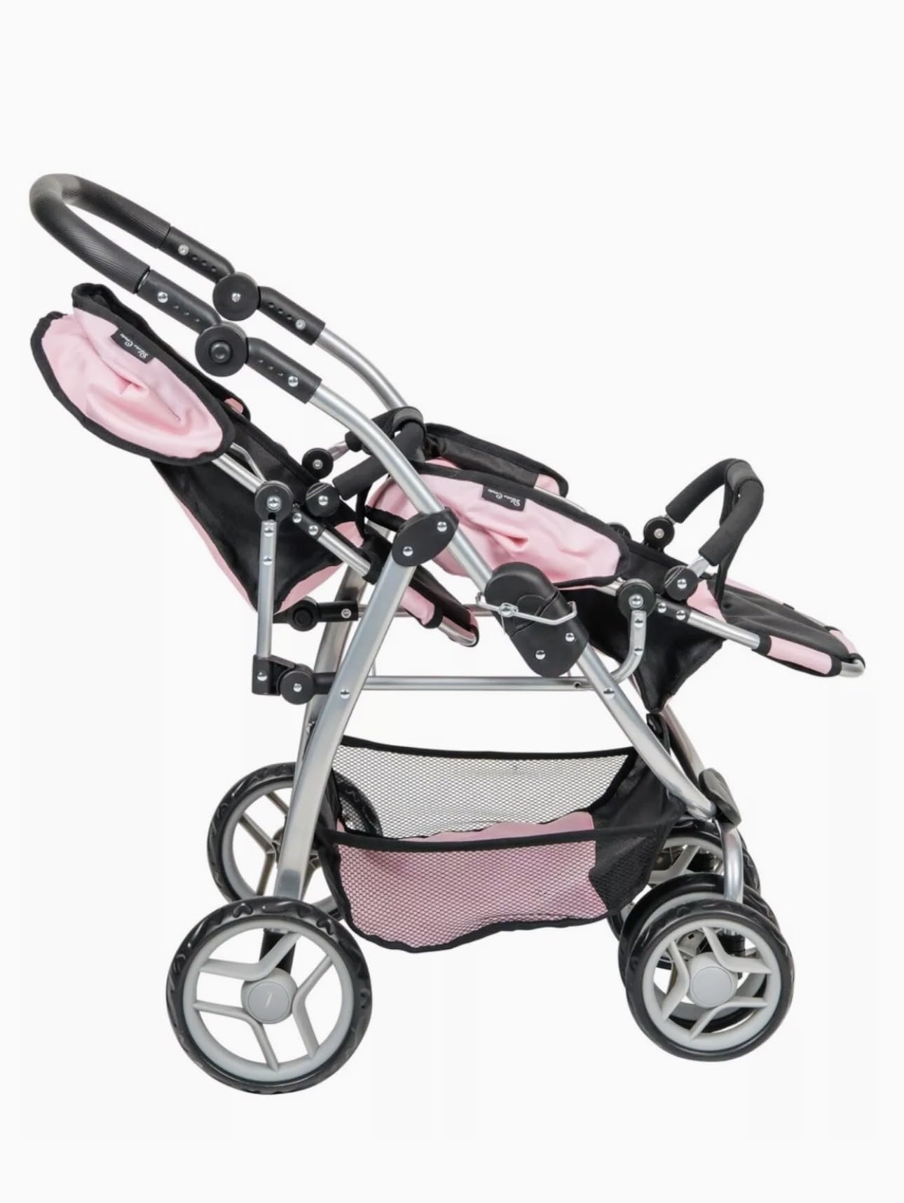 Silver Cross Twin Wave Dolls Stroller, Pink and Black Double Pushchair with Silver Frame, Age 3+, 67L x 46W x 73H cm