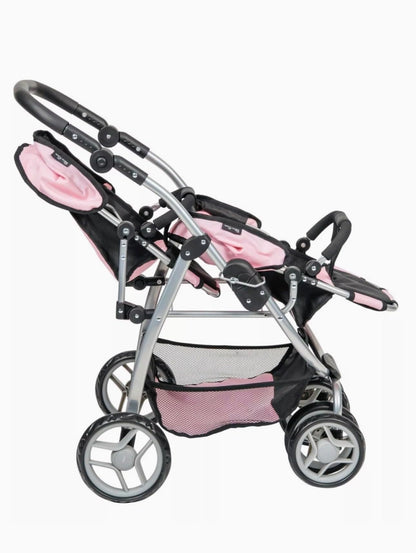 Silver Cross Twin Wave Dolls Stroller, Pink and Black Double Pushchair with Silver Frame, Age 3+, 67L x 46W x 73H cm