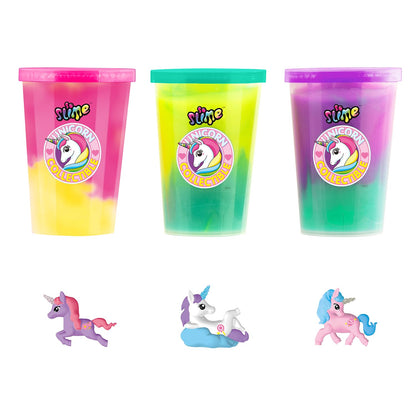 Three colorful unicorn-themed slime containers from Canal Toys' So Slime Collectible Slime Unicorn 3-pack.