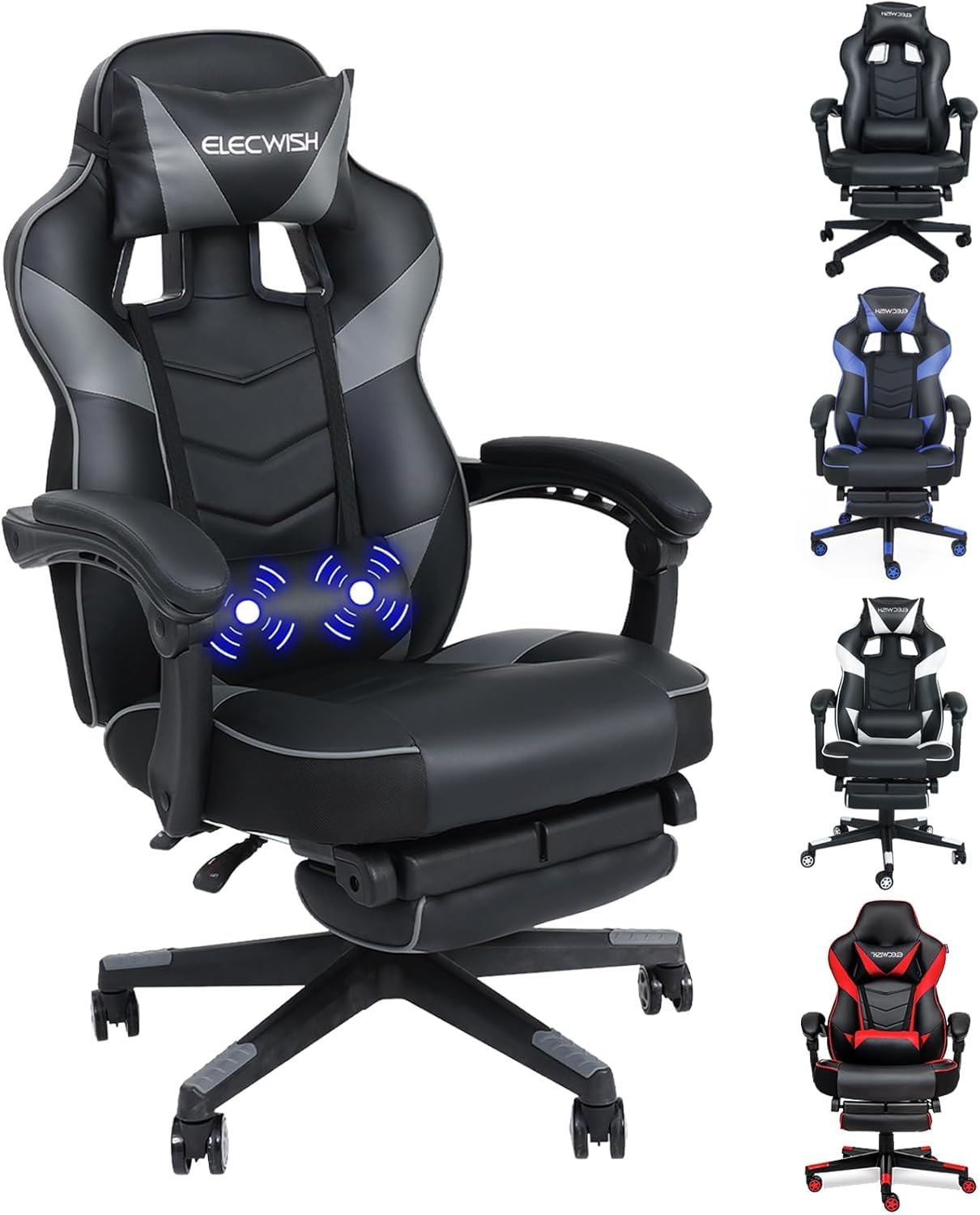 Grey PULUOMIS gaming chair with footrest, ergonomic design, headrest, lumbar support, and massage features for comfortable gaming.