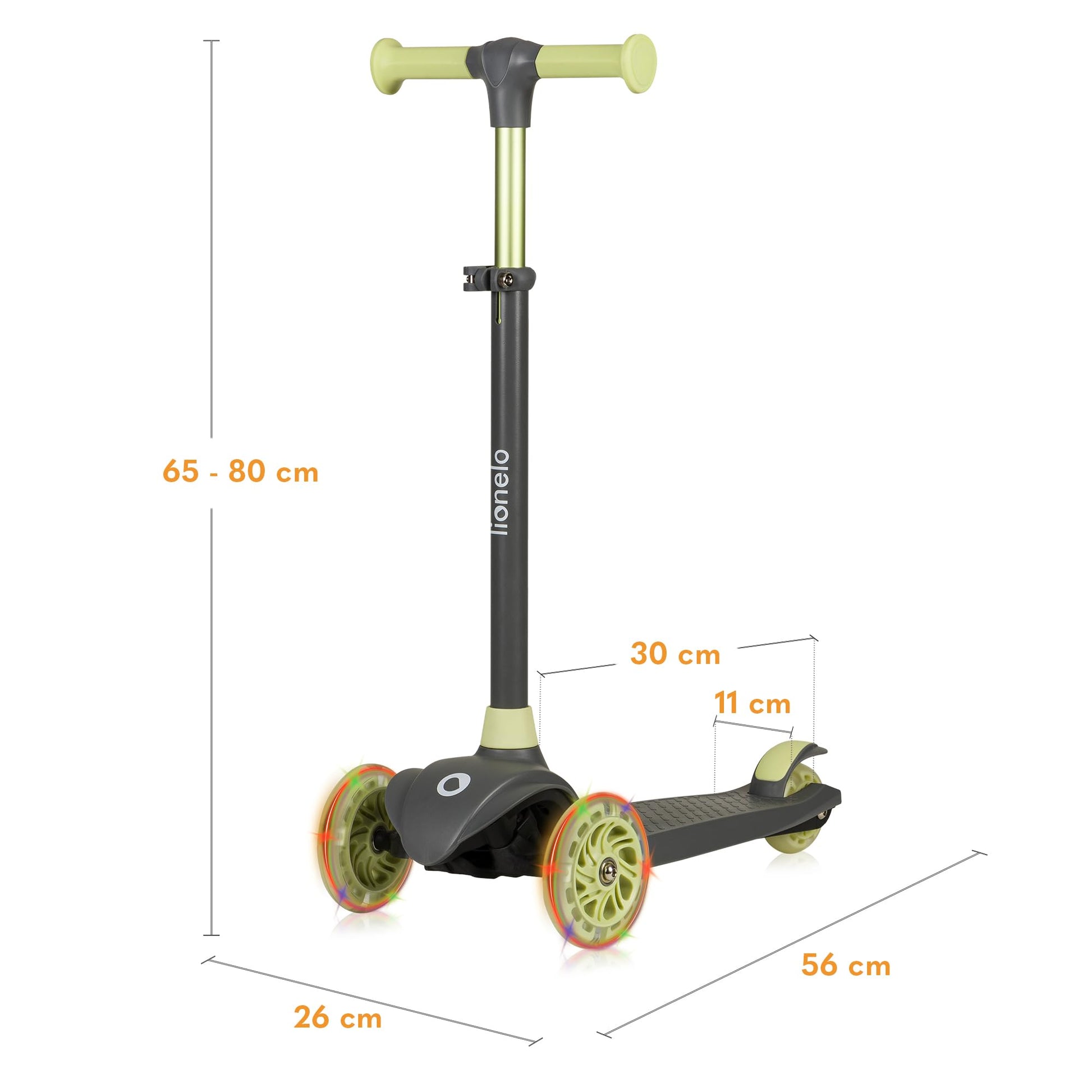 LIONELO JESSY kids scooter with LED wheels, adjustable height, non-slip platform, and three wheels for stability.