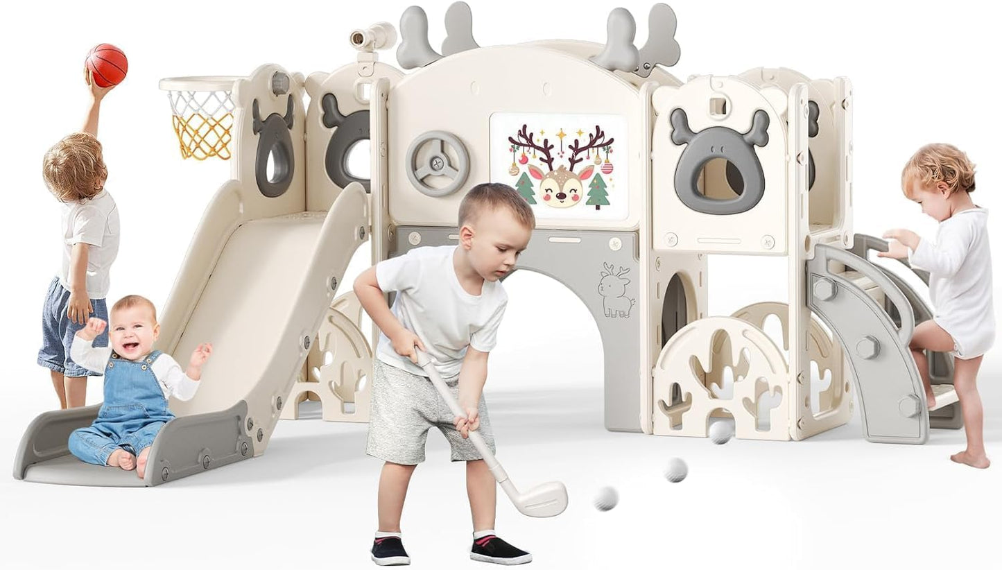 Kids Slide,Indoor Thickened Widened toddler slide with basketball hoop, climbing frame for the garden,storage space slide ((7-in-1 Elk Slide-Beige Gray))