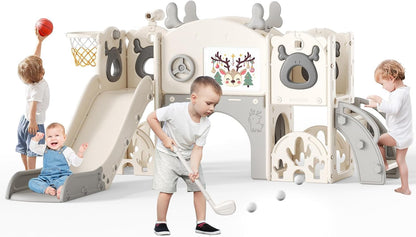 Kids Slide,Indoor Thickened Widened toddler slide with basketball hoop, climbing frame for the garden,storage space slide ((7-in-1 Elk Slide-Beige Gray))