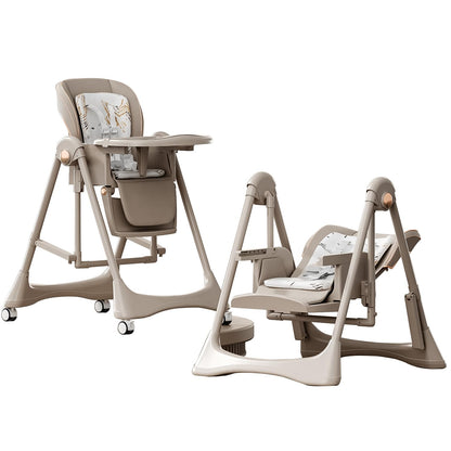 Magic ZC 2-in-1 Dining Mode and Swing Mode Baby High Chair Toddler Feeding Dining Chair, Convertible with Detachable Double Trays and Wheels, Multifunctional Foldable (8121 Khaki)