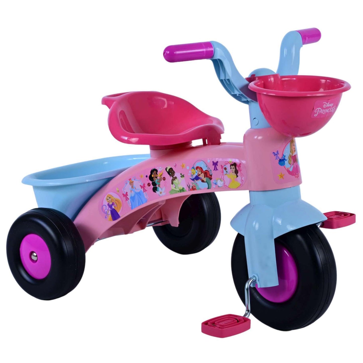 Pink Disney Princess kids tricycle for toddlers ages 1-3 with front and back storage baskets, lightweight and officially licensed by Kubbinga.