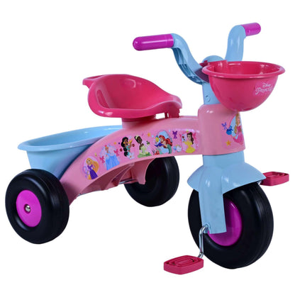 Pink Disney Princess kids tricycle for toddlers ages 1-3 with front and back storage baskets, lightweight and officially licensed by Kubbinga.