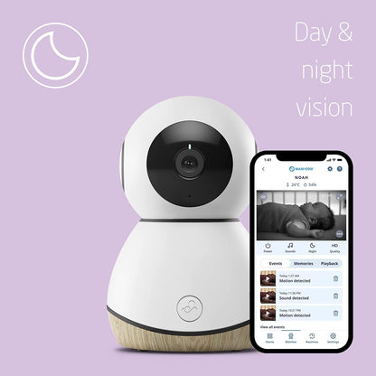 Maxi-Cosi See baby monitor with camera, 1080p HD, WiFi streaming, audio, and compatibility with Alexa and Google Assistant.