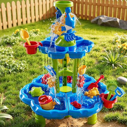 DULONIME 3-Tier Sand and Water Table Toys for Kids Aged 3 4 5 6 7 8, Water Waterfall Sensory Play Table with Beach Toys Accessories, Outdoor Activity Playset for Toddlers 2-4 3-5 4-6, Birthday Gifts
