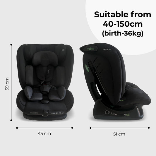 My Babiie MBCS100 2-in-1 Convertible R129 Child Car Seat - Belted, 40-150cm (Approx. Birth - 12 Years, 0-36kg), i-Size, Group 0+1/2/3, Adjustable - Black