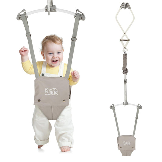 FUNLIO baby door bouncer in grey with adjustable strap and strong spring, suitable for ages 6-24 months and up to 18kg.