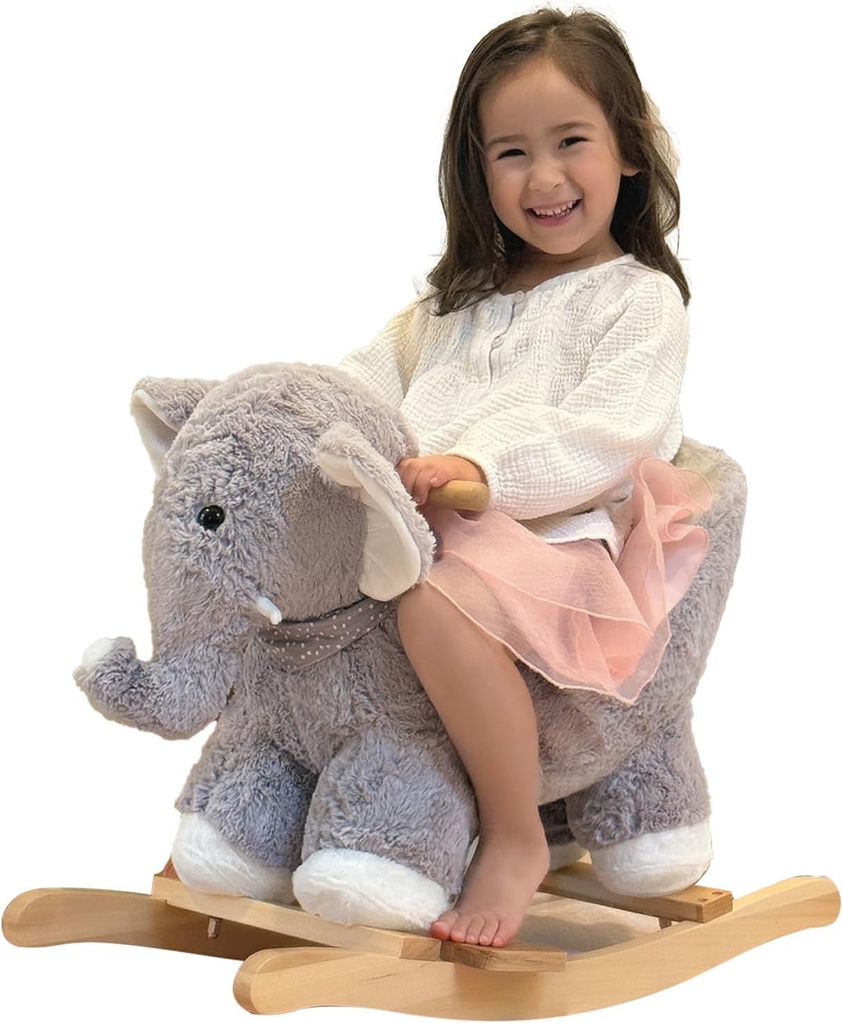 Rock My Baby Plush Rocking Horse - Soft Stuffed Body,Safety Seat Chair, Wooden Rockers, Music Button – Toddler Ride-On Toy for Ages 1–3 (Grey Elephant)