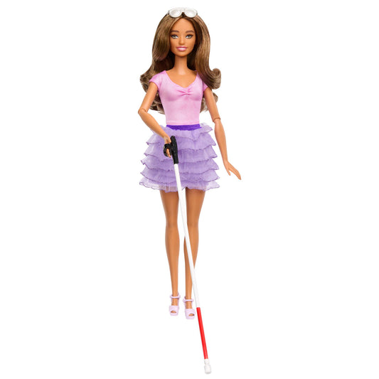 Barbie Fashionistas Doll #228 in pink top and ruffled skirt, holding a cane and wearing sunglasses, designed for the visually impaired.