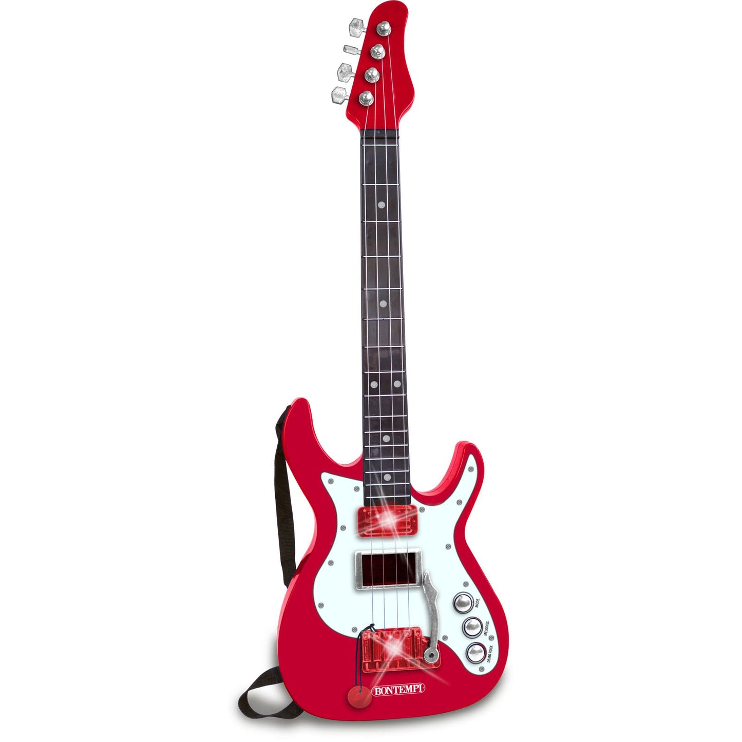 Bontempi electric guitar with a sleek black body, six strings, and a white pickguard, perfect for beginner musicians.