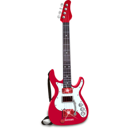 Bontempi electric guitar with a sleek black body, six strings, and a white pickguard, perfect for beginner musicians.