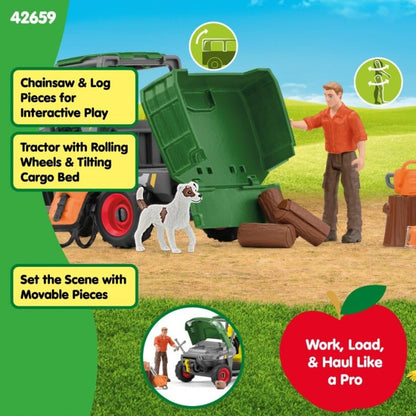 SCHLEICH Farm World - Working in The Forest Playset with Action Figure, Dog Figurine, Tractor Toy and Accessories - Imaginative Play Set for Kids Ages 3+