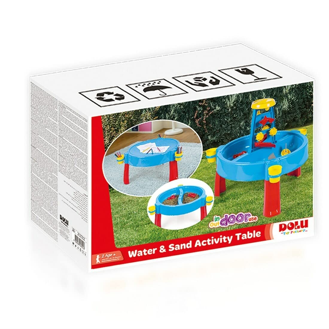 Dolu Kids 3-in-1 blue activity sand and water play table with lid, suitable for children aged 2 to 8, featuring a drawing surface.