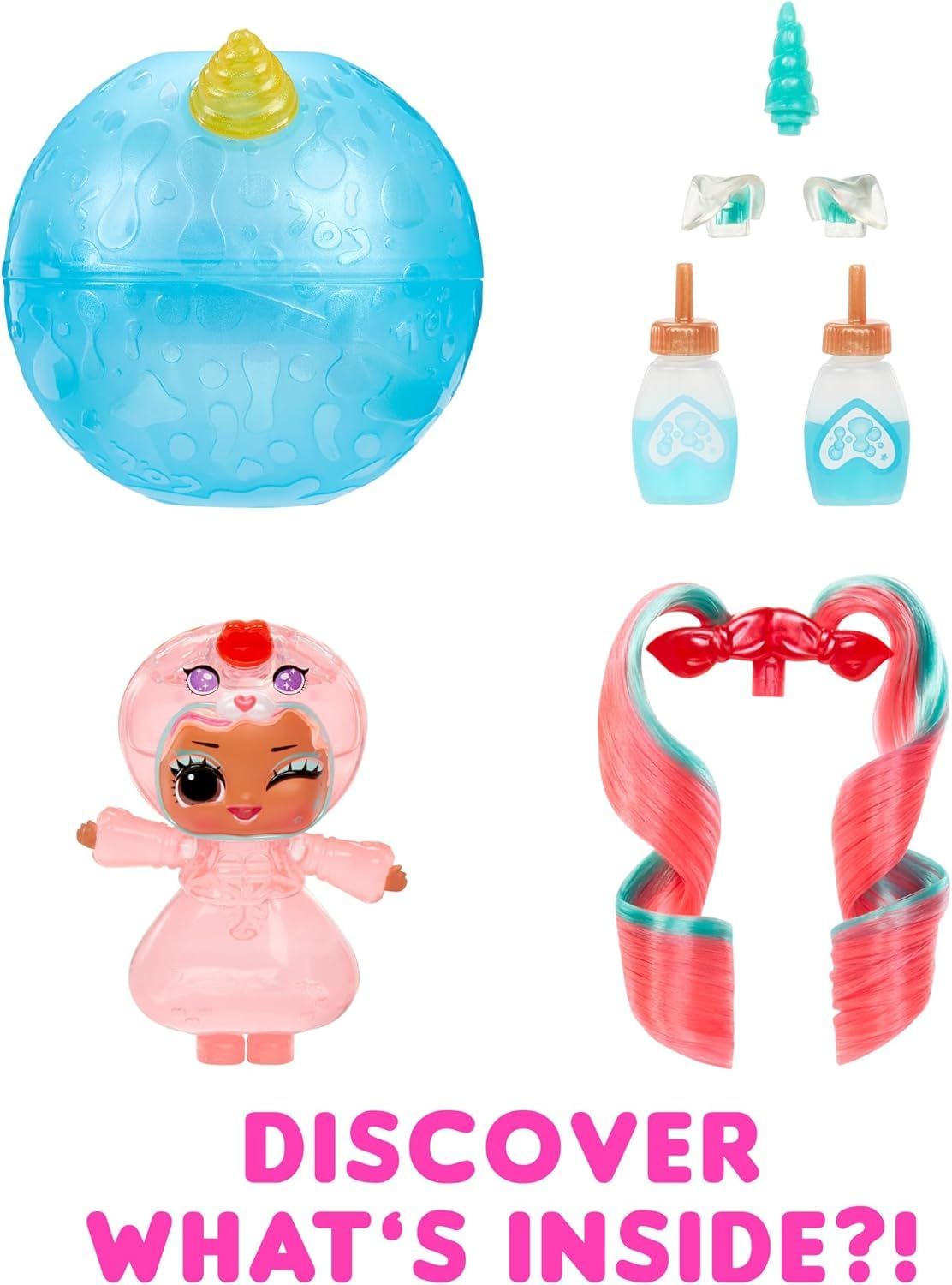 L.O.L. Surprise! Unicorn Tots doll with transparent features, colorful potions, and blind packaging for kids ages 4 and up.
