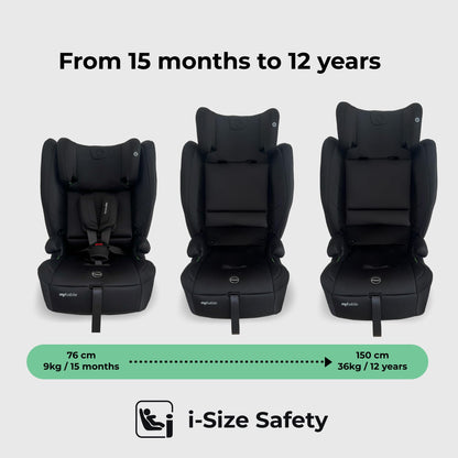 My Babiie MBCS80 Foldable Toddler to Booster R129 Child Car Seat - ISOFIX with Top Tether, Harness, 76-150cm (Approx. 9-36kg, 15 Months - 12 Years), i-Size, Group 1/2/3, Forward Facing - Black