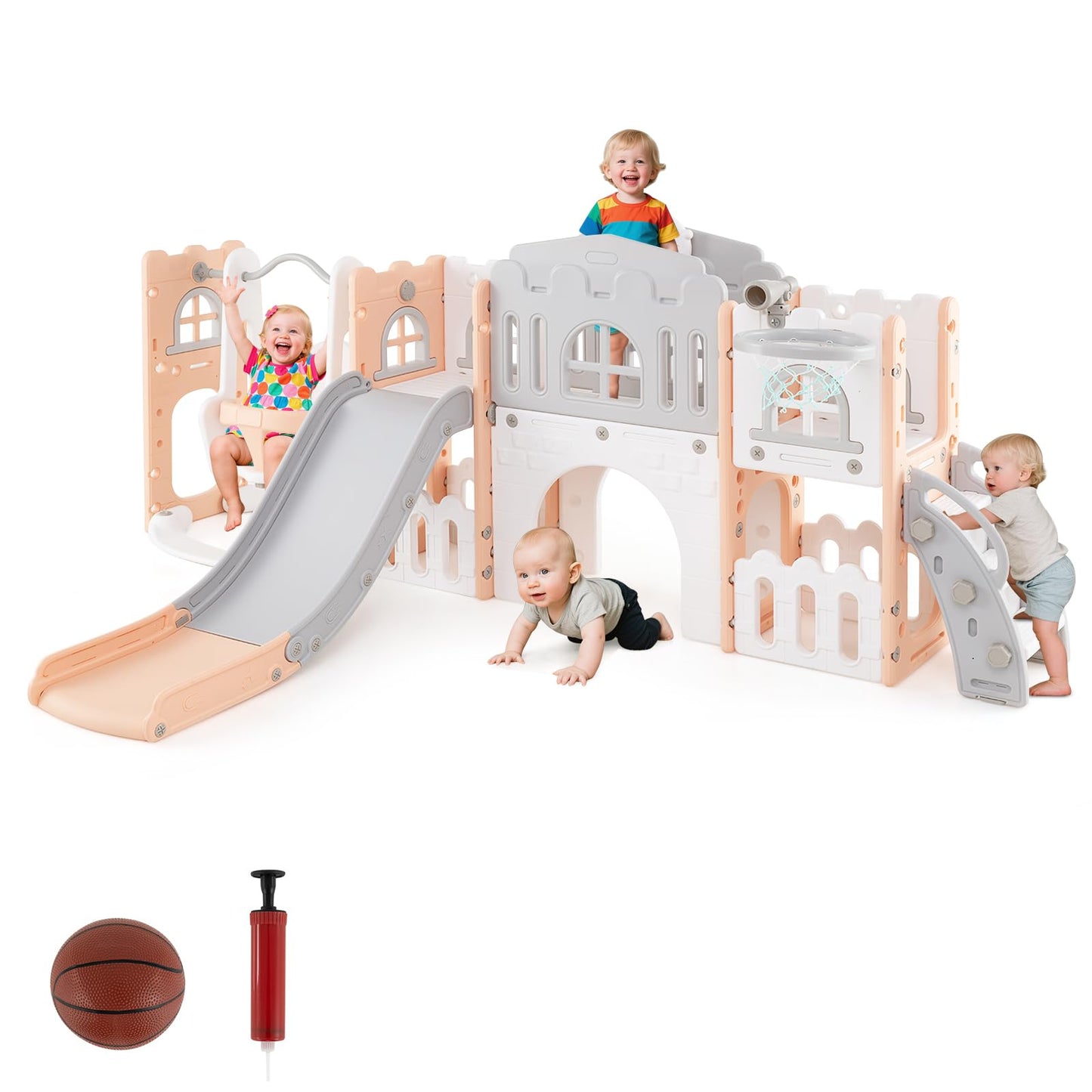 COSTWAY Toddler Swing and Slide Set, 10 in 1 Kids Slide with Climber Ladder, Basketball Hoop, Telescope, Tunnel, Storage Space, Indoor Outdoor Playground for 1+ Years Old (Grey + Pink)