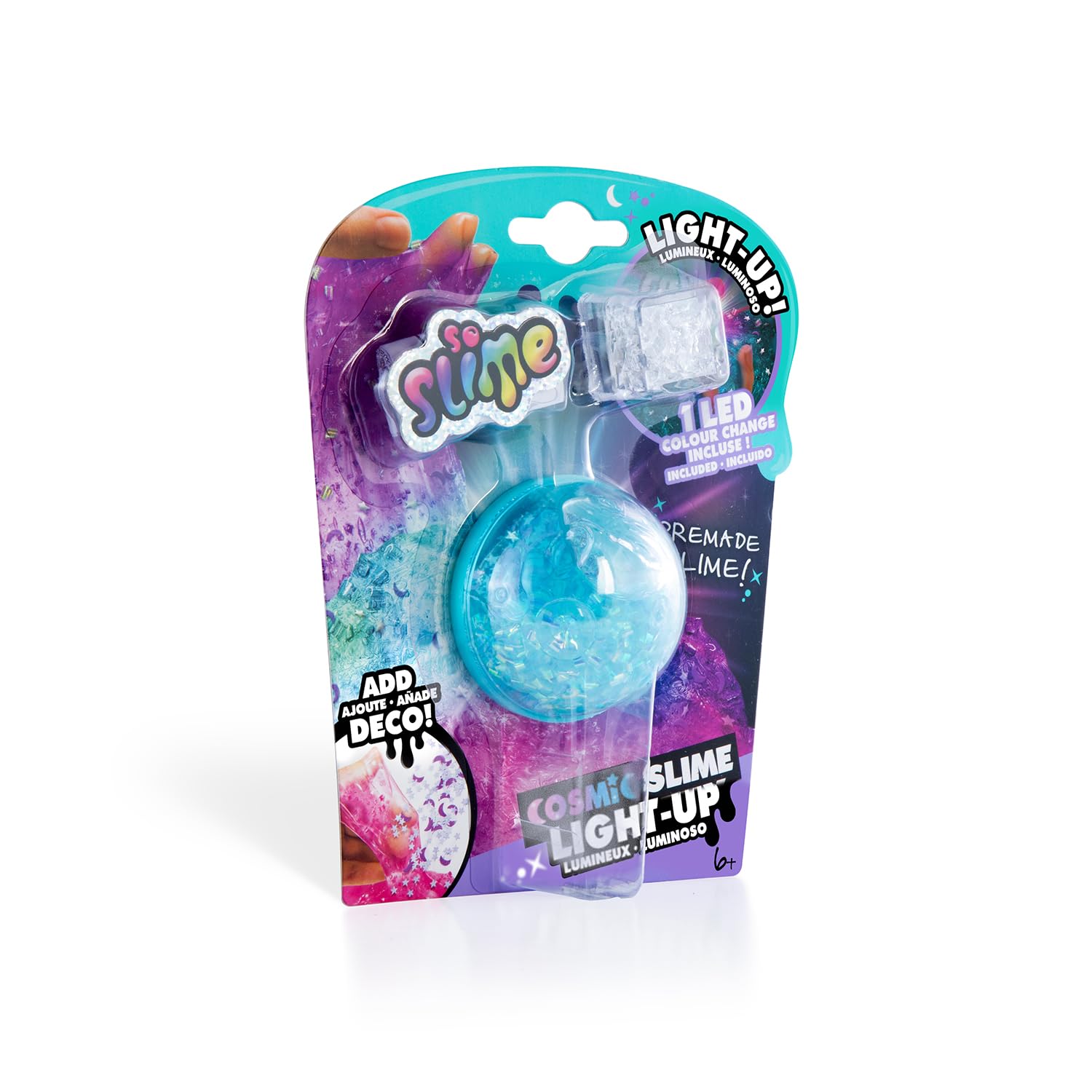 Color-changing LED cosmic slime set with decorations from Canal Toys, featuring sensory slime for kids aged 6+