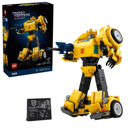 LEGO Icons Bumblebee action figure building set, showcasing the robot model and vehicle mode in a dynamic pose.