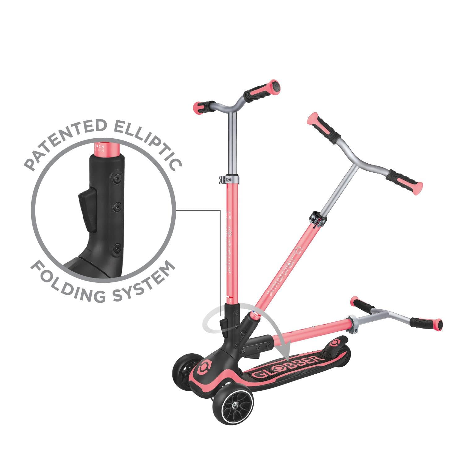Globber Ultimum 3 wheel scooter in coral pink, featuring adjustable height, wide deck, and patented steering system.