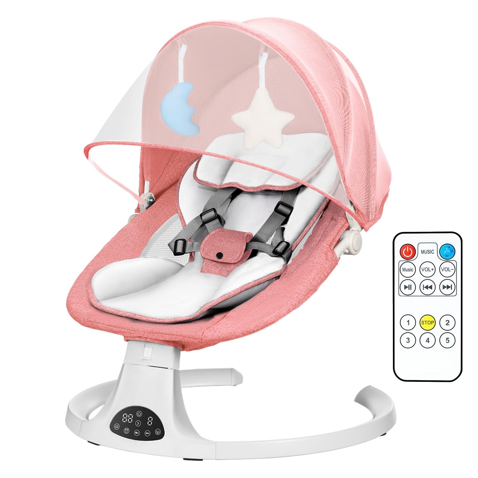 Pink FK Sports baby bouncer with electric swing, Bluetooth, soft toys, pillow, 5-point harness, remote, touch panel, and adjustable speeds.