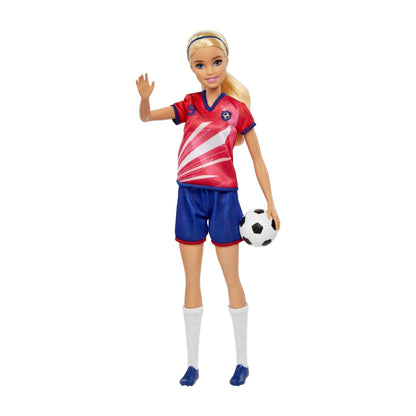 Barbie Careers soccer player doll with blonde ponytail, #9 uniform, tall socks, cleats, and soccer ball.