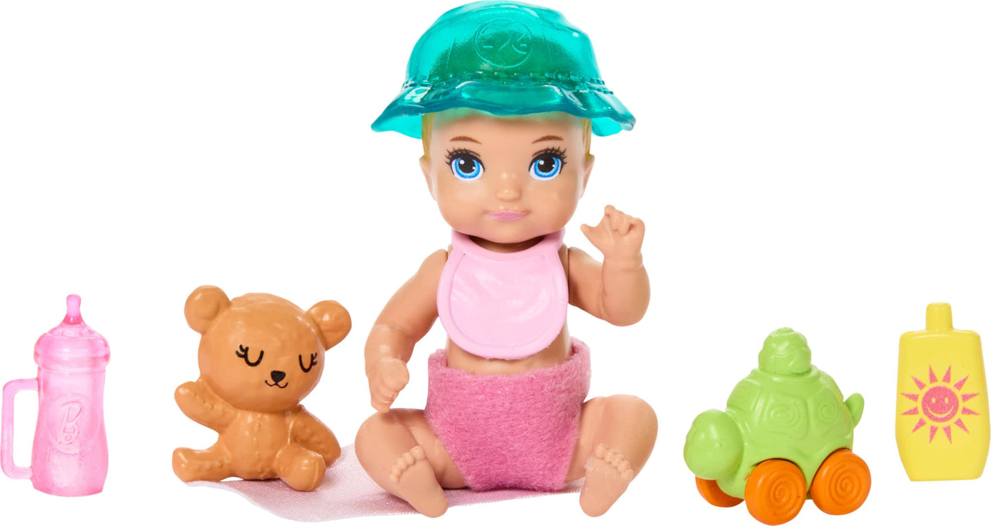 Barbie Skipper Babysitters Inc. playset with brunette doll, blonde baby, stroller, removable car seat, and seven accessories.