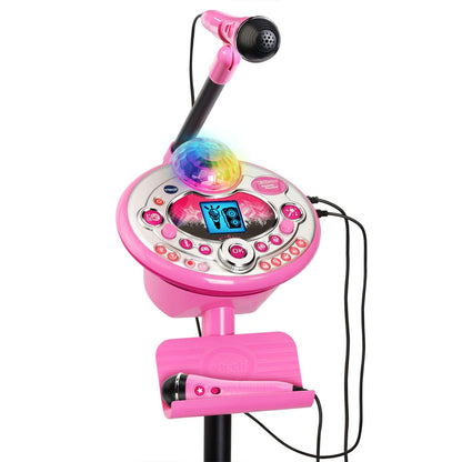 Pink VTech Kidi Star Karaoke System with two microphones, mic stand, and AC adapter, designed for kids' singing fun.