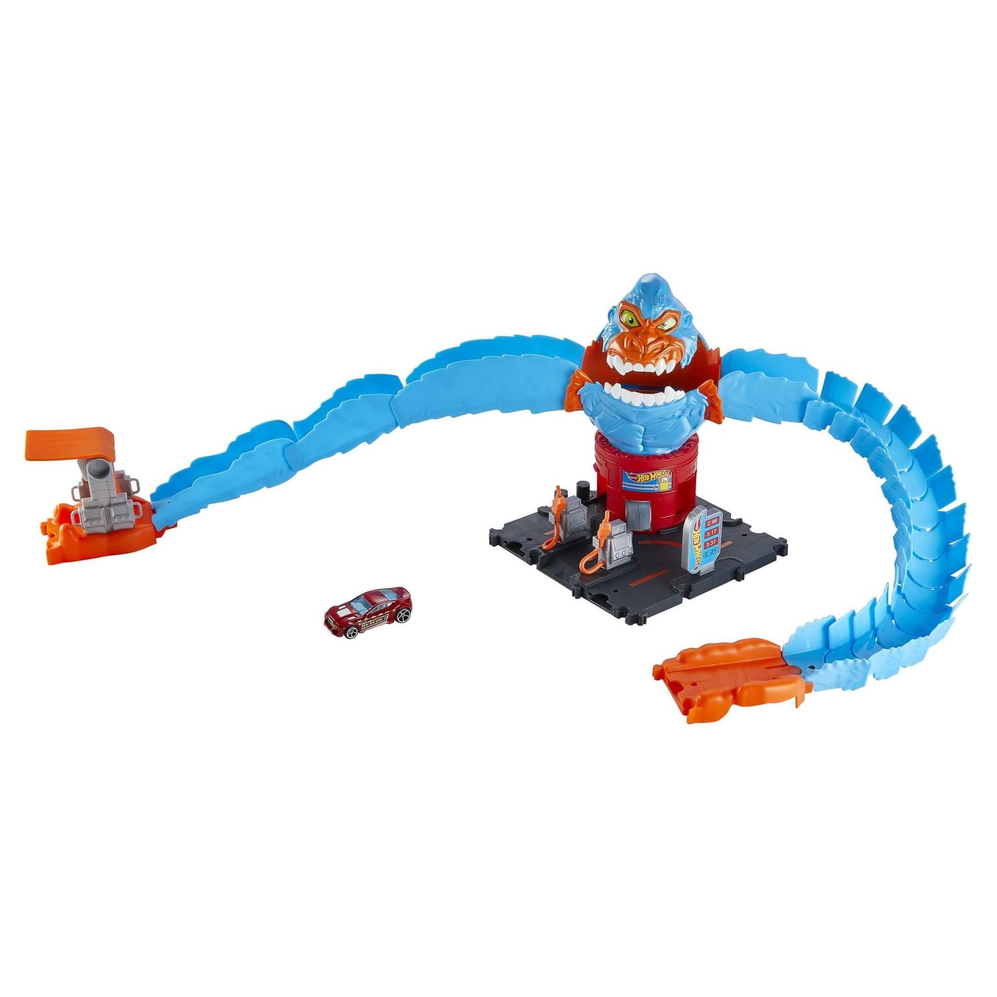 Hot Wheels City Wreck & Ride Gorilla Attack set with gas station theme and one car, ideal for kids aged 4 to 8 years.