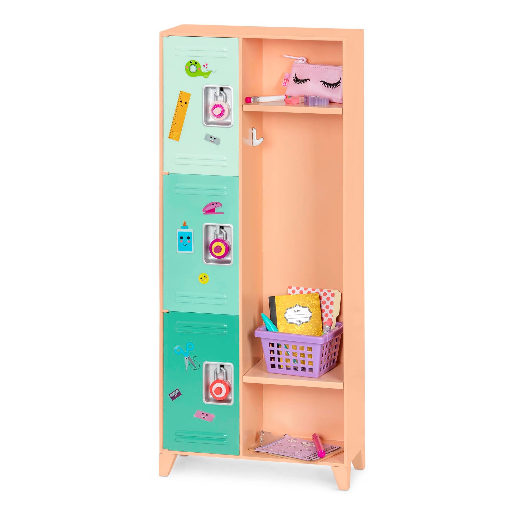 Our Generation Classroom Cool Locker Set featuring realistic school locker and accessories for 18-inch dolls.